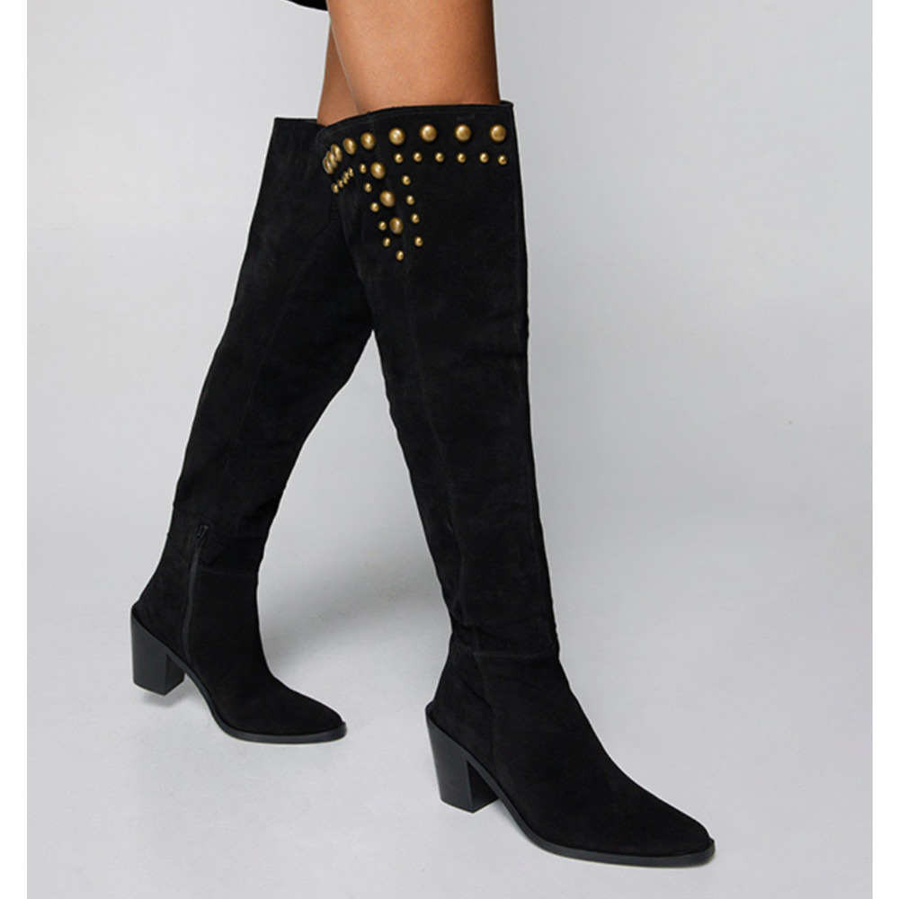 NEW NASTY GAL BLACK REAL SUEDE SLOUCHY STUDDED THIGH HIGH BOOTS 38 US 7